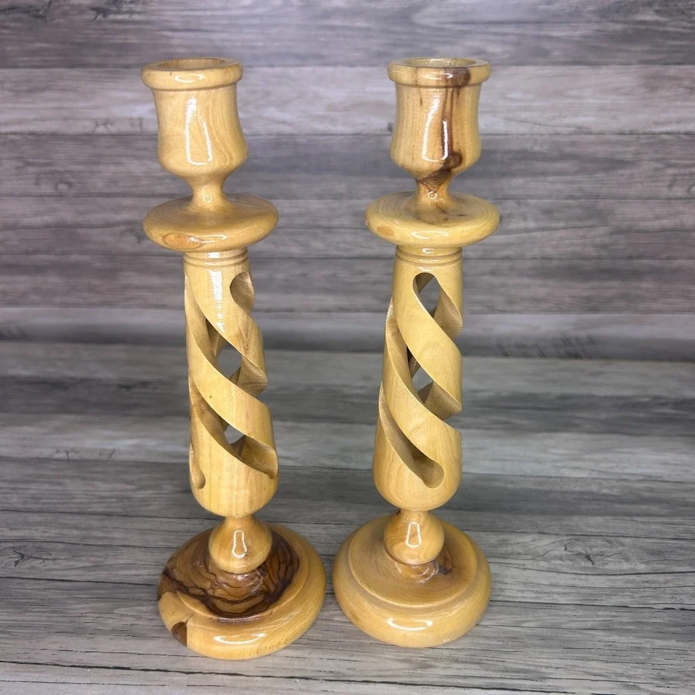 Bethlehem Candle Stick Holders Hand Carved Olive Wood‎ Spiral Pair 2 Set Israel